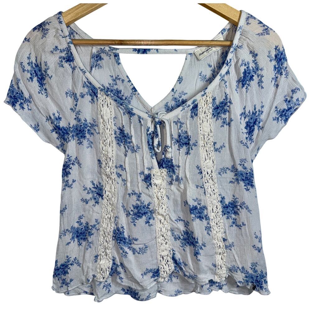 Abercrombie & Fitch Blue White Sheer Floral Crochet V Neck Peasant Blouse Sz XS